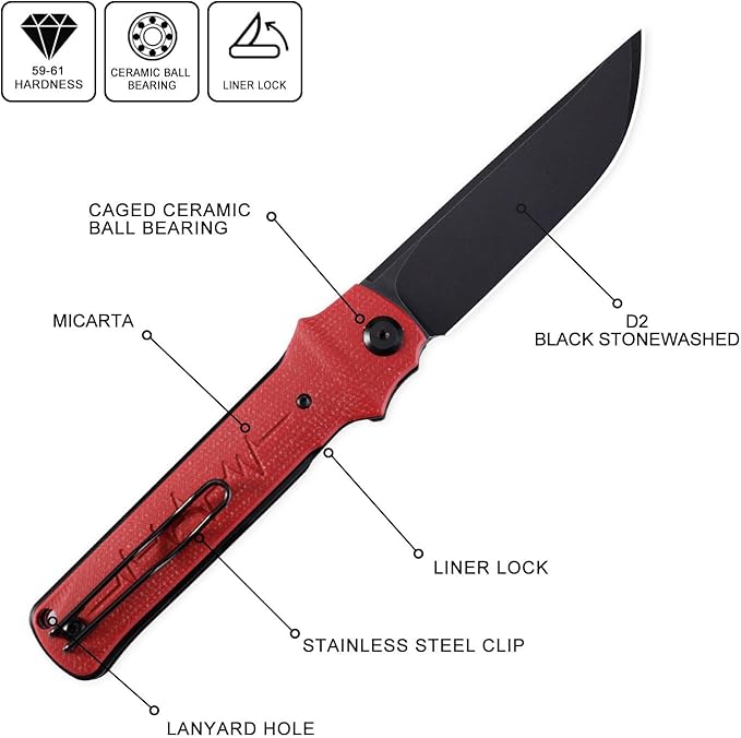 Petrified fish PFB04 Tena Folding Knife 3.82 D2 Black Stonewashed Blade Micarta Handle Pocket Folding knife for EDC Camping Outdoor (Red Micarta Stonewashed)