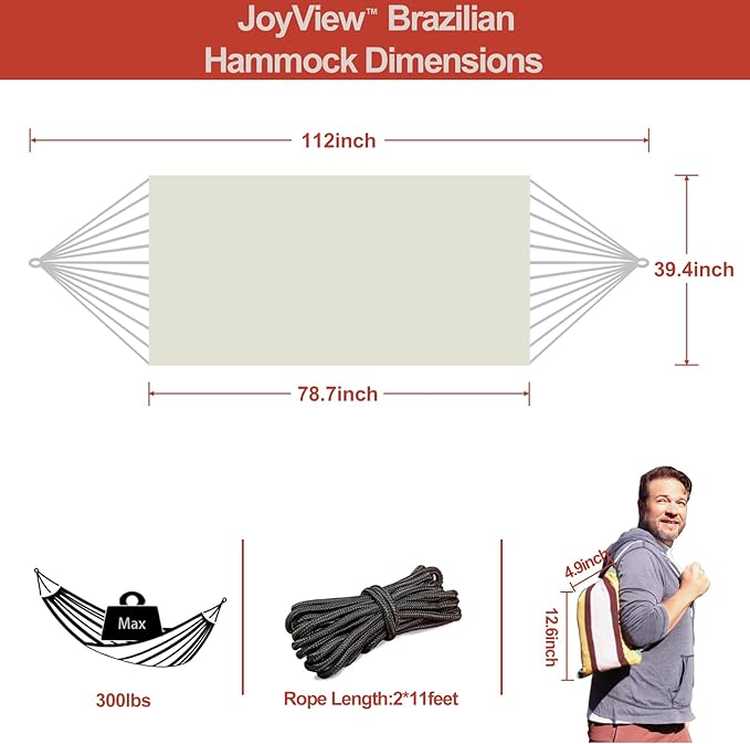 JoyView Brazilian Hammock for Single Person - 78.8x39.4” Portable Cotton Hammock with Hanging Ropes &amp Carry Bag Large for Patio 300LBS Capacity Perfect for Outdoor/Indoor - Natural White