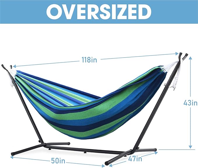 550lbs Capacity Double Hammock Adjustable Hammock Bed with 10ft Heavy Duty Steel Stand Includes Portable Carrying Case Easy Set up Blue/Green a