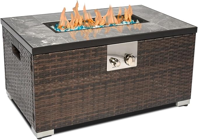 32'' Fire Pit Table with Natural Gas Conversion Kit Marble Textured Ceramic Tabletop 50000 BTU Fire Table with Brown Wicker Rectangle Tank Required to Be Kept Outside.