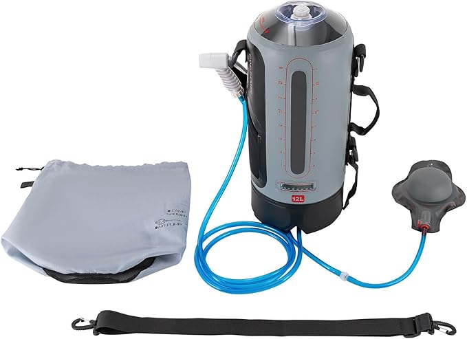 Portable Pressure Outdoor Camping Shower Bag with Air Pump Shower Head Hose12L Solar Absorbing 3-Gallon Water TankDurable and Waterproof Shower Equipment