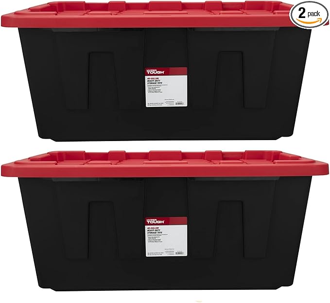Tough 40 Gallon Plastic Storage Bin with Snap Lid Stackable Lockable Black/Red Set of 2 Heavy-Duty Durable Multi-Purpose Storage Containers for Indoor &amp Outdoor Use