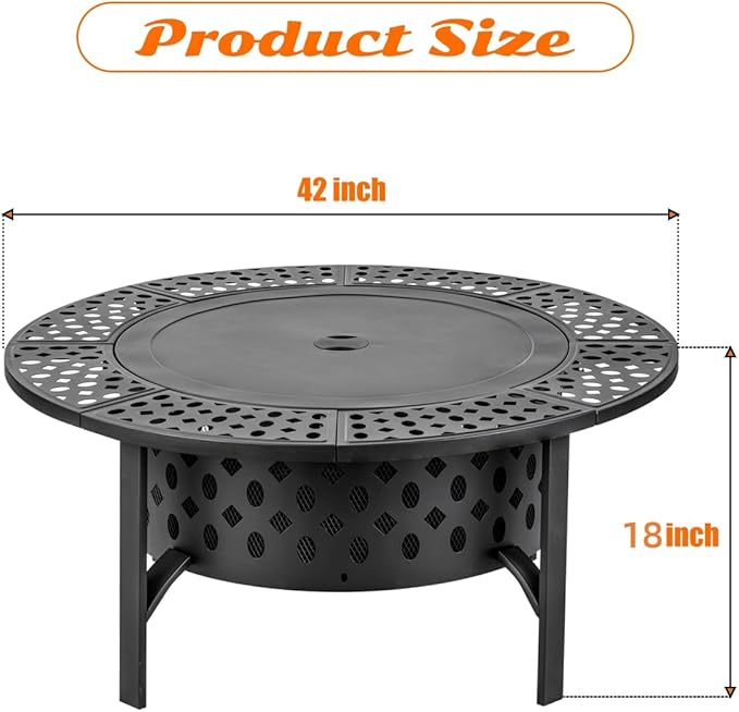OutVue 42 Inch Fire Pit with 2 Grills Extra Large Wood Burning Fire Pits for Outside with Lid &amp Poker Heavy Duty FirepitBBQ&amp Outdoor Firepit &amp Round Metal Table 3 in 1 for Patio Picnic