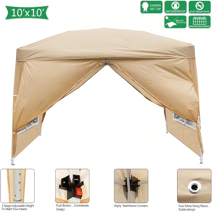 Pop Up Canopy with 4 Sidewalls 4 Ropes 8 Stakes Adjustable Legs for Events Parties and Camping(118×118×100.39) (Khaki)