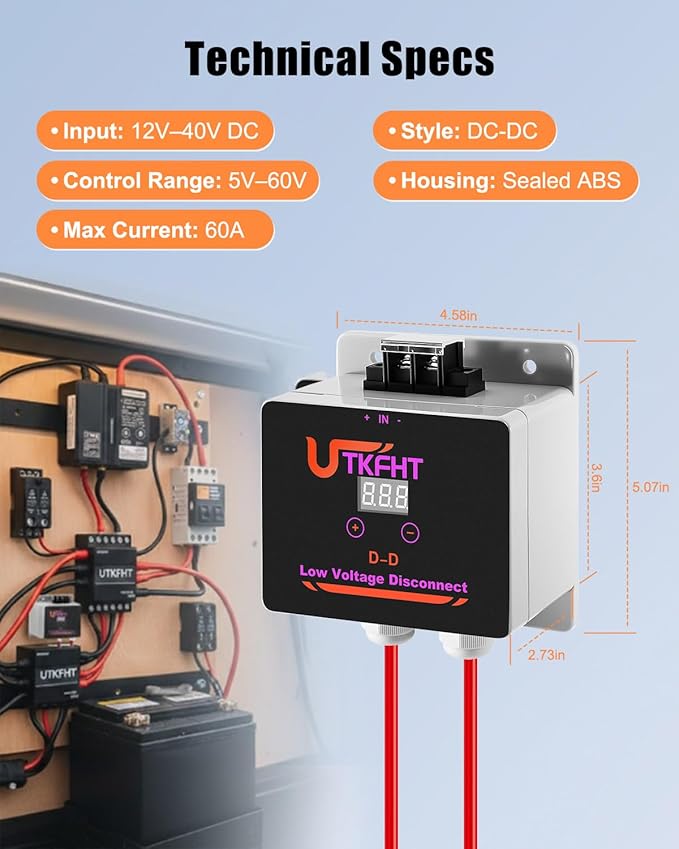 Low Voltage Disconnect Controller 12V-40V DC-DC Smart Battery Protection Module with Adjustable Cutoff Silent Solid-State Switch Real-Time Voltage Monitoring for RV Solar System and DC Projects
