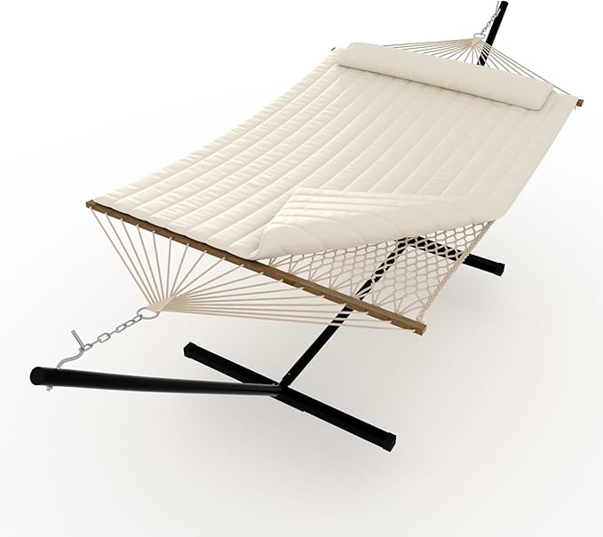 2 Person Hammock with Heavy Duty 500Lb Capacity Stand - Portable Cotton Rope Hammock &amp Quilted Comfort Pad - Relax Together Indoor or Outdoor (Beige)