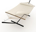 2 Person Hammock with Heavy Duty 500Lb Capacity Stand - Portable Cotton Rope Hammock &amp Quilted Comfort Pad - Relax Together Indoor or Outdoor (Beige)