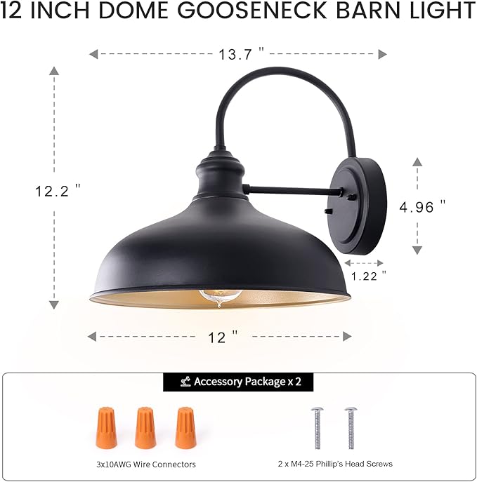 12 Outdoor Gooseneck Barn Light for Patio Large Farmhouse Wall Mount Lights for Garage Black Exterior Barn Porch Light Fixture with Brass Interior Outside Wall Sconce for House