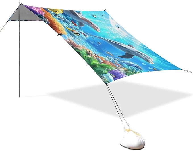ALAZA Dolphin Turtle in The Ocean Beach Tent Sun Shelter UPF50+ Protection Beach Shade Canopy w/ 4 Sandbags for Outdoor Camping Fishing Backyard Fun Picnic 10x9 ft