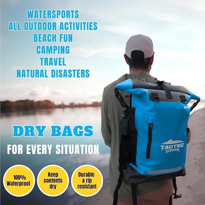 TACTIKO 30L Heavy-Duty 100% Waterproof Backpack Roll Top Dry Bags for Kayaking Hiking Camping Survival
