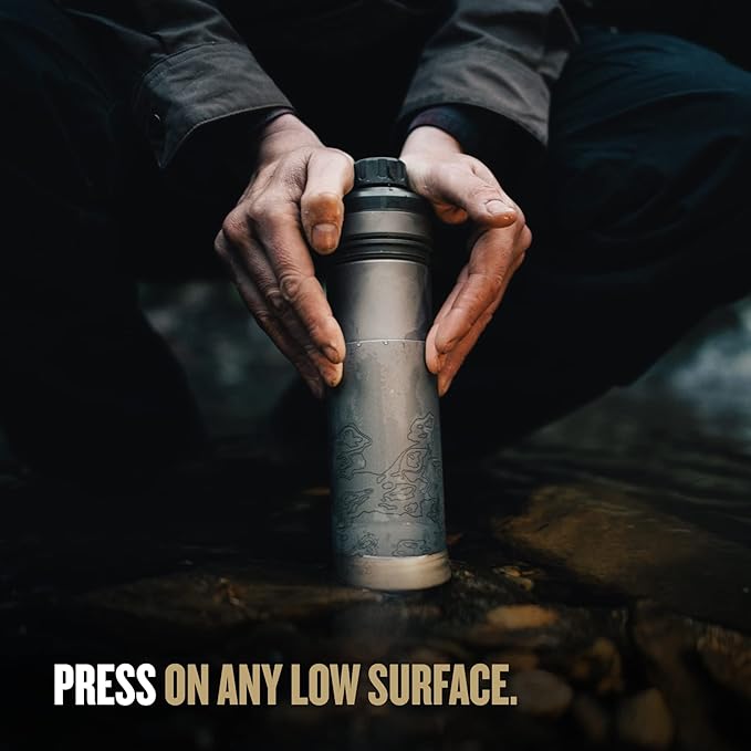 GRAYL UltraPress Titanium 16.9 oz Water Purifier &amp Filter Bottle for Hiking Backpacking Survival Bushcraft Travel (Olive Drab)