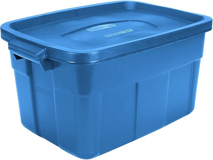 Rubbermaid Roughneck Tote 14 Gal 6 Pack Made in USA Heritage Blue Rugged Plastic Stackable Storage Bins with Lids and Handles