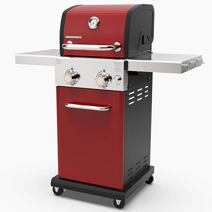 Permasteel 2-Burner Propane Gas Grill BBQ Grill with Foldable Side Tables &amp Tool Hooks Perfect for Outdoor Cooking Patio &amp Garden Red