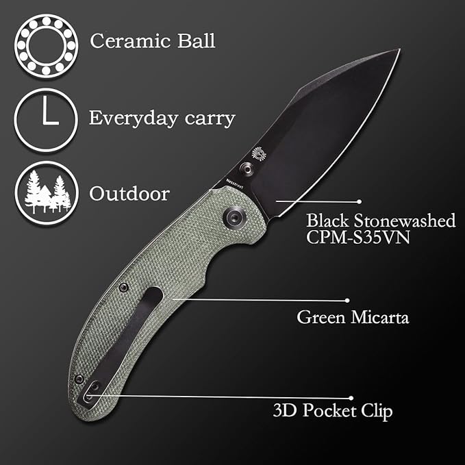 KANSEPT Nesstreet Pocket Folding Knife for Men EDC Camping 3.58'' CPM-S35VN Material With Green Micarta Handle Everyday Carry K1039A3