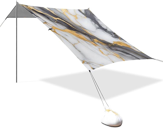 ALAZA Black &amp Gold Marble Modern Beach Tent Sun Shelter UPF50+ Protection Beach Shade Canopy w/ 4 Sandbags for Outdoor Camping Fishing Backyard Fun Picnic 10x9 ft