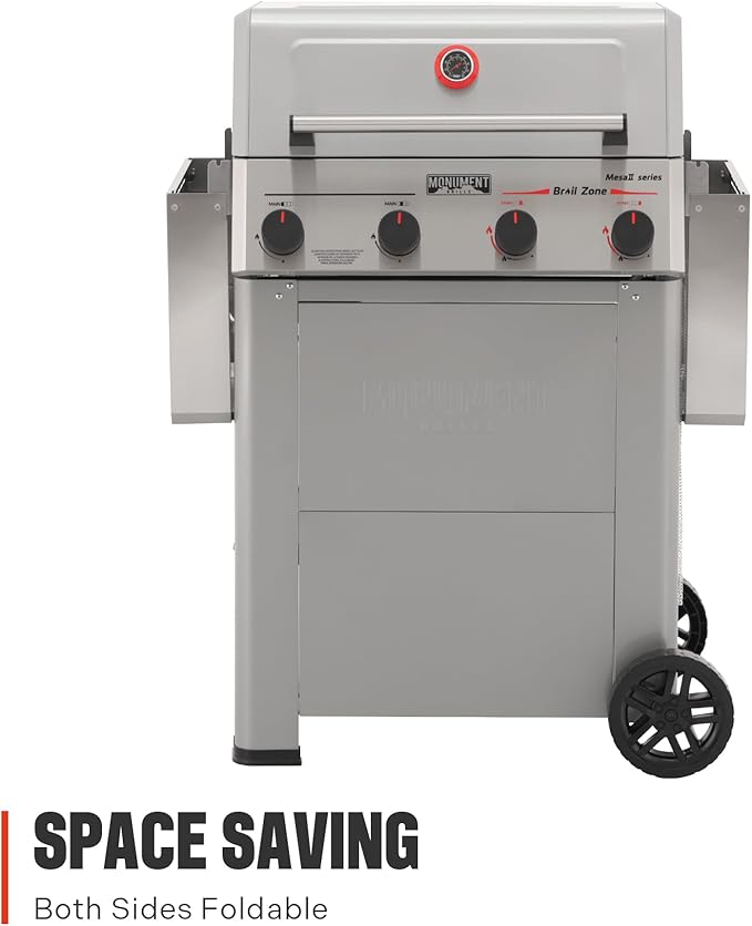 Monument Grills 4 Burner Propane Gas Grill with Broil Zone Stainless Steel Patio Mesa 2 Barbecue Grill with Cooking Plate Foldable Side Shelves Fast Heating Assembles in 30 Mins Mesa II 410FBZ