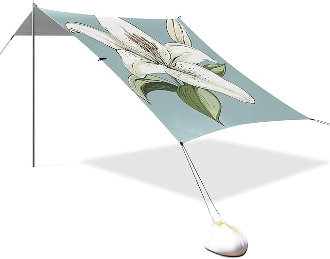 ALAZA Cute Doodle White Lily Beach Tent Sun Shelter Portable Canopy Sunshade for Outdoor Camping Picnics Backyard Fun 10x9 ft