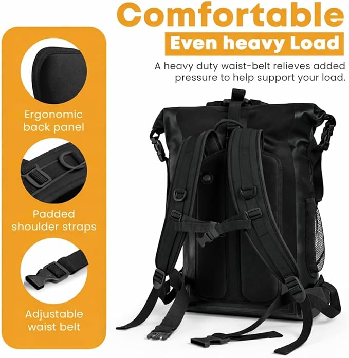 SVN Supply Co. Heavy-Duty Waterproof Backpack – Roll-Top Dry Bag for Hiking Kayaking Camping &amp Outdoor Adventures – Padded Shoulder Straps (Black)