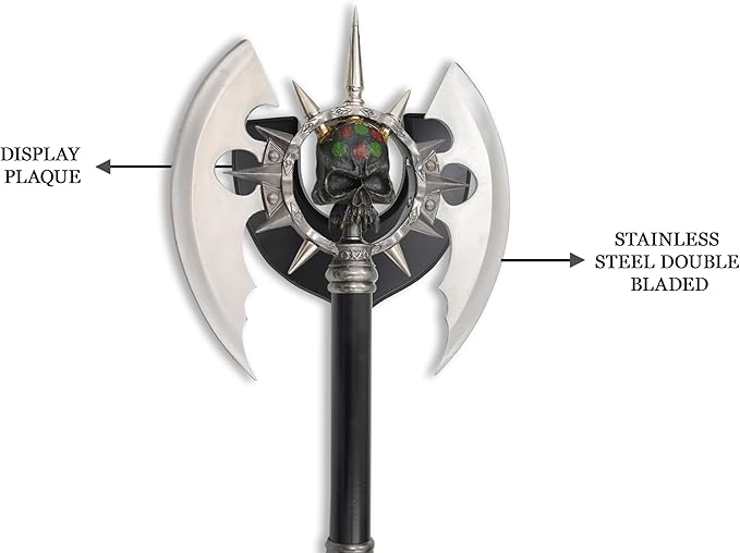 BladesUSA – Fantasy Axe – Full Size Fantasy Medieval Battle Axe Dual Blades and 11 Steel Spikes Around Center Skull. Wire Wrapped Handle Display Plaque - SW-701 – Collectible Display Replicas Silv