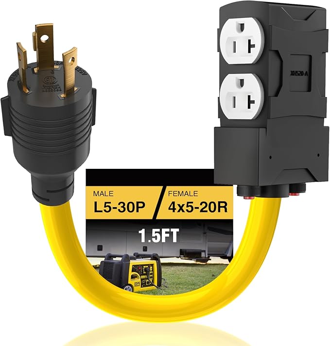 30 Amp to 20 Amp 110V Adapter 1.5 FT Yellow 3 Prong L5-30P to 4X 5-15R/5-20R T-Blade 5000W ETL Listed For Household Tools Appliances RV Camping