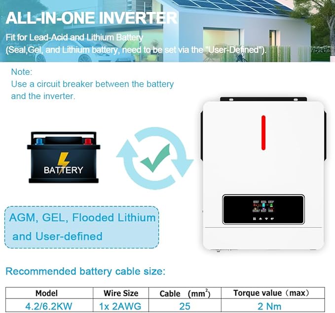 Y&ampH 6.2KW Solar Hybrid Inverter 48V AC220V On/Off-Grid Solar Inverter Built-in MPPT 120A Solar Charger Two Load Output Power Max PV Power 6500W Input Supports Batteryless