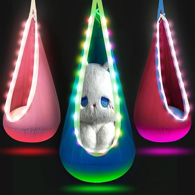 Light Up Swing Chair Hammock Chair Indoor Outdoor for Kids Pod with LED Lights Soft and Safe 176 lb. Load Capacity Easy Installation Perfect for Bedroom Garden and Playroom (Rose Red)