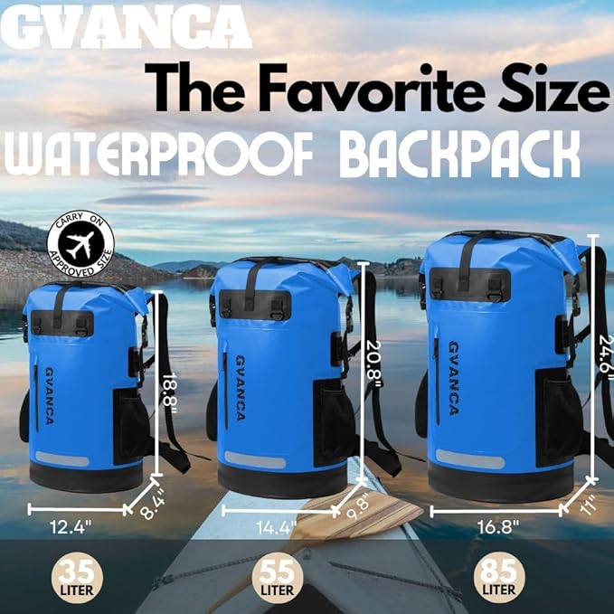 Waterproof Roll Top Kayak Backpack Floating Outdoor Dry Sack Boating Sailing Canoeing Rafting Fishing Camping 35L Blue