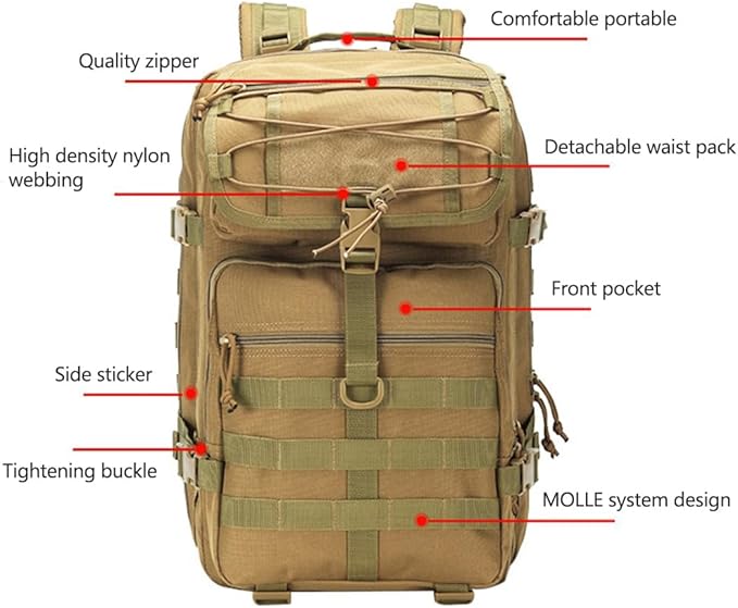 45L Military Tactical Backpack Large Army 3 Day Assault Pack Molle Army Bag Rucksack Hiking Treeking (Black)