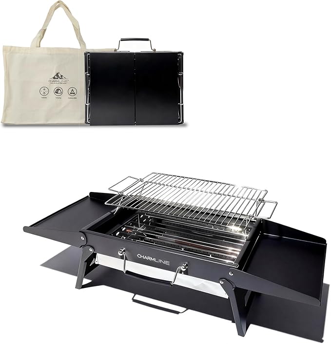 Charmline 15x11 inches Portable Charcoal Grill Compact Portable BBQ Grill Tabletop Charcoal Grills for Camping Picnics Gardens and Beach Parties Black
