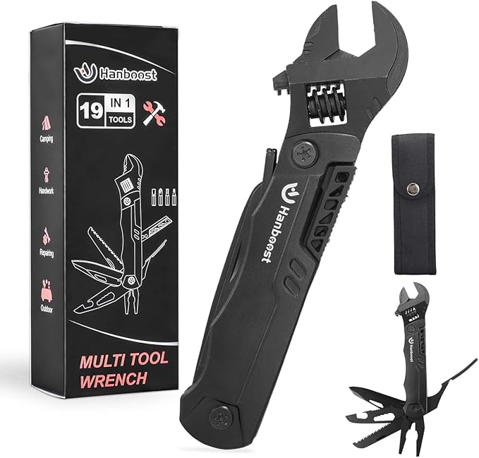 Hanboost Multi-Functional Wrench Set 12-in-1 &amp 19-in-1 EDC Pocket Tool for Outdoor Camping Cycling DIY Repairs – Compact Stainless Steel Multifunction Wrench (19-in-1)