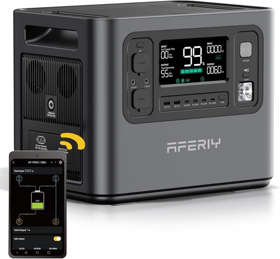 AFERIY 2048Wh Portable Power Station 2400W (Peak 4800W)P210 LiFePO4 Battery GeneratorAC Fast Charging 12V/25A XT60 DC output portUPS Power OutagesHome BackupCamping(Solar Panel Optional)