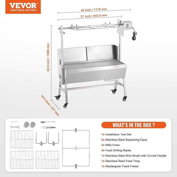VEVOR Rotisserie Grill with Windscreen BBQ Whole Pig Lamb Goat Charcoal Spit Grill 35 Inch 90 Lbs Capacity Electric 42W Motor Stainless Steel Roaster with Lockable Wheels for Camping Outdoor