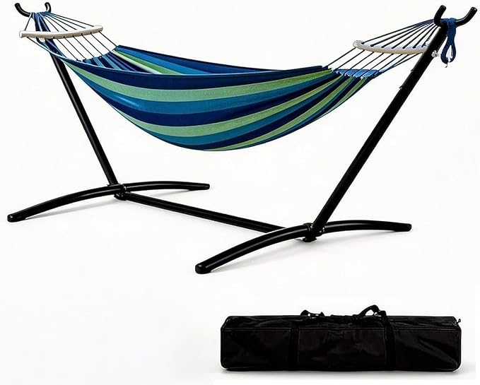 Double Hammock with Heavy Duty Steel Stand – Portable 2 Person Patio Hammock – Space Saving 9FT Frame – 450lb Capacity – Carry Bag Included – Outdoor Camping Backyard Beach – Light and