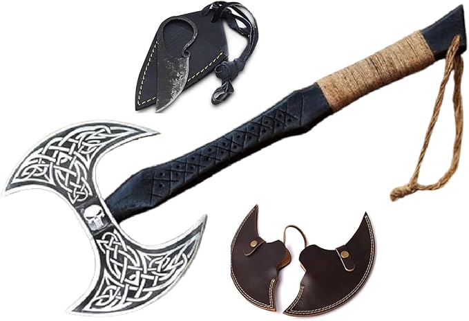 Forest Hunting – Custom Handmade 28'' and 7lbs large double headed ax Stainless Steel Axe Medieval Warrior Double Headed Battle Axe Viking Axe tomahawk breaded axes with celtic nick kinfe | FHD001