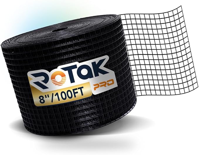 Rotak Critter Guard PRO - 8in x 100ft Solar Panel Bird Prevention Roll Kit Pairs - Heavy Duty Galvanized Black PVC Coated ½ inch Wire Roll Mesh (8 x 100)