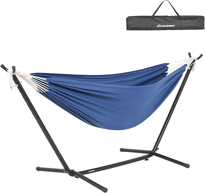 EchoSmile Double Hammock with Detachable Stand - 480 lbs Heavy Duty 2 Person Adjustable Hooks Indoor Outdoor Stand Hammock Durable Steel Frame Blue