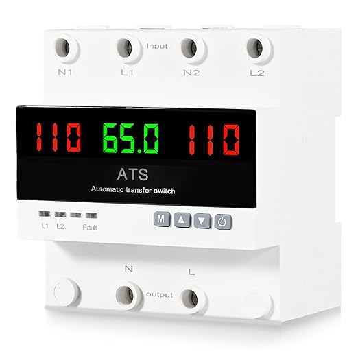 63A 110V Automatic Transfer Switch Auto/Manual Generator Transfer Switch DIN Rail Mount ATS with LED Display Safety Protections for Home Generator Inverter Utility Power L1 Priority Phase Selector