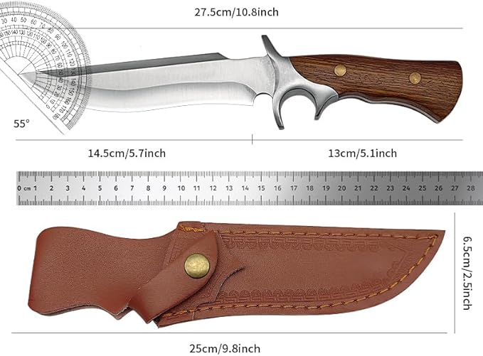 12.2 Fixed Blade Outdoor Knife 9Cr18 Stainless Steel Hunting Knife with Damascus Pattern Ergonomic Wood Handle &amp Embossed Leather Sheath Survival Utility Tool for Camping Hiking &amp Fishing