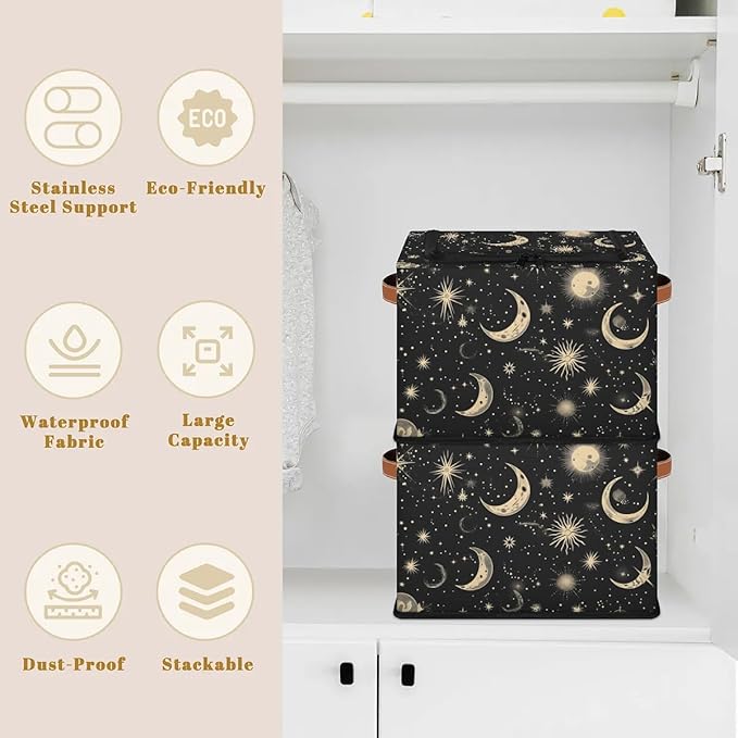 Black Moon Storage Bins with Zipper Lid 2pcs Stackable Storage Baskets Boxes with Metal Frame Closet Storage Cube Bin Organizer with PU Handles Clothes Storage Bag