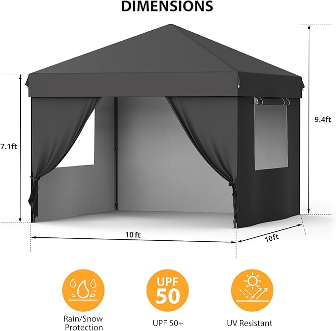10X10 Pop Up Canopy Tent with 4 Sidewalls Heavy Duty Commercial Instant Shelter One-Person Quick Setup Outdoor Party Tent Water-Resistant &amp Portable for Outdoor Events Camping Black