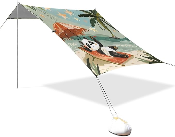 ALAZA Cute Panda Stars Beach Palm Tree Beach Tent Sun Shelter Portable Canopy Sunshade for Outdoor Camping Picnics Backyard Fun 10x9 ft