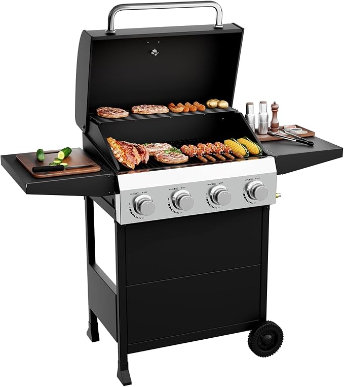ROVSUN 4 Burner Propane Gas Grill with Foldable Side Shelves 40000BTU BBQ Grills with Enameled Cast Iron Grates Cabinet &amp Poratable Rolling Wheels for Outdoor Garden Patio Backyard Barbecue Cook