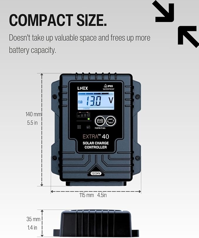 LNEX Solar Charge Controller Waterproof 40A Solar Panel Regulator with Temp SensorBacklit LCD 12V/24V PWM Solar Controller for LiFePO4AGM Gel Flooded and Lithium Battery