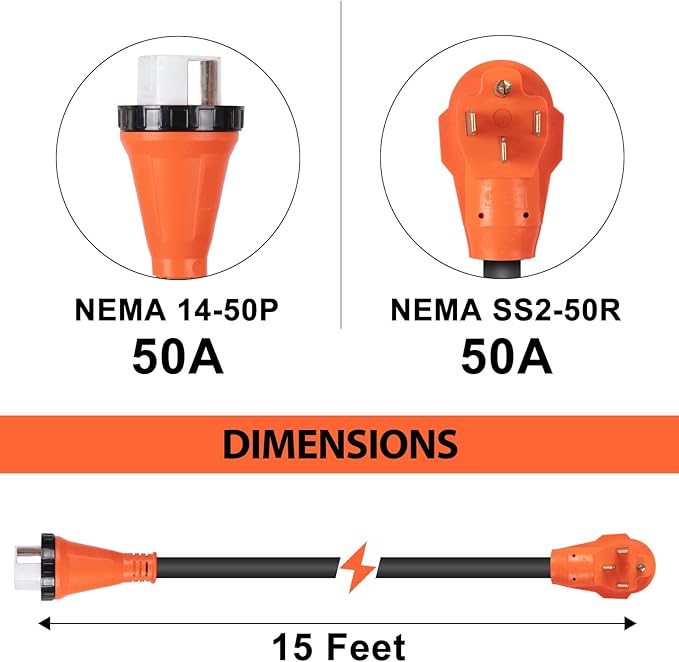 WELLUCK 50 Amp 15FT RV Power Extension Cord with Cord Organizer Heavy Duty NEMA 14-50P to SS 2-50R RV Twist Locking Adapter Plug for RV Camper and Generator to House 6/3+8/1 Gauge ETL Listed
