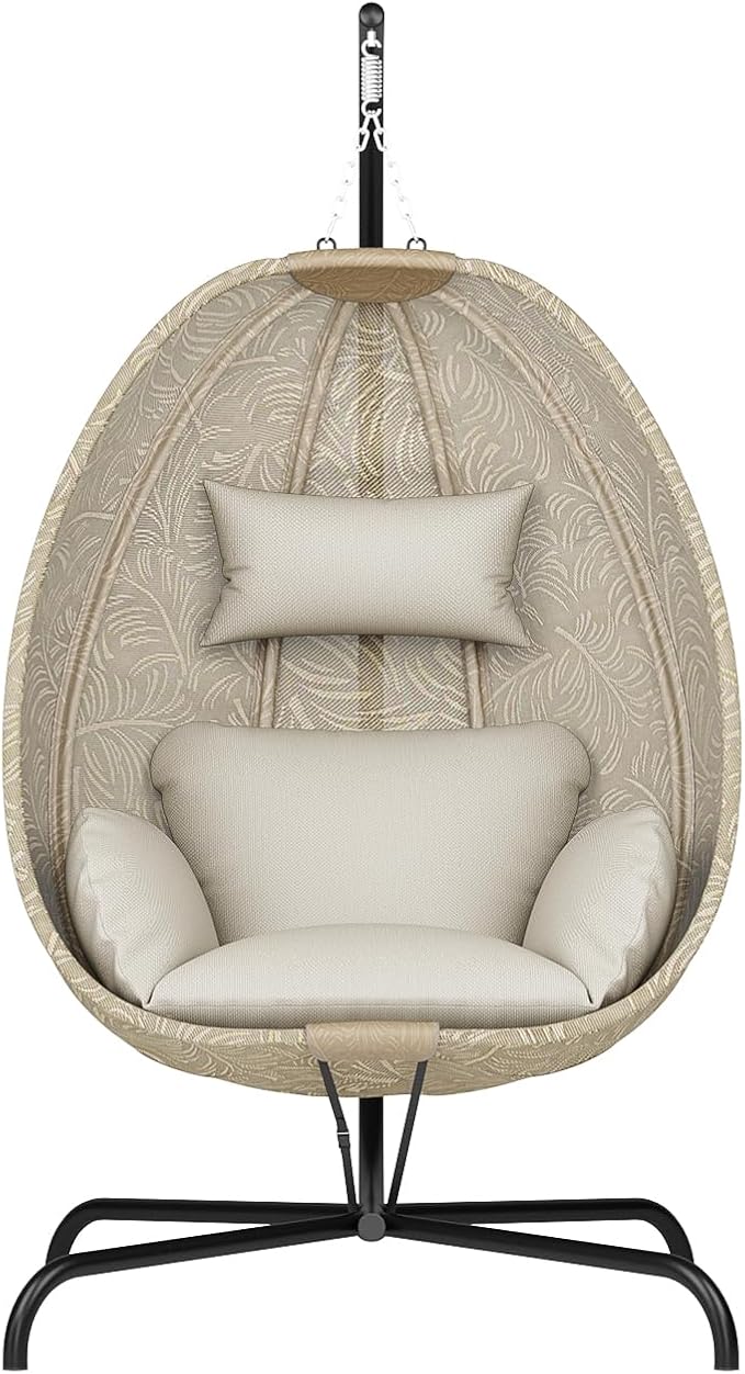ALAULM Foldable Egg Chair with Stand 485LBS Capacity Textilene Hammock Swing Chair for Outdoor &amp Indoor Patio Hanging Chair with Strong Frame &amp UV Resistant Cushion for Balcony Bedroom Cre