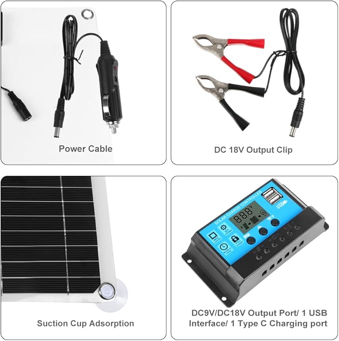 200W Solar Panel Kit 12V with 100A Solar Charge Controller and Extension Cable with Battery Clips for Boat Motorcycle Home Outdoor Lights RV Outdoor Camera Generators