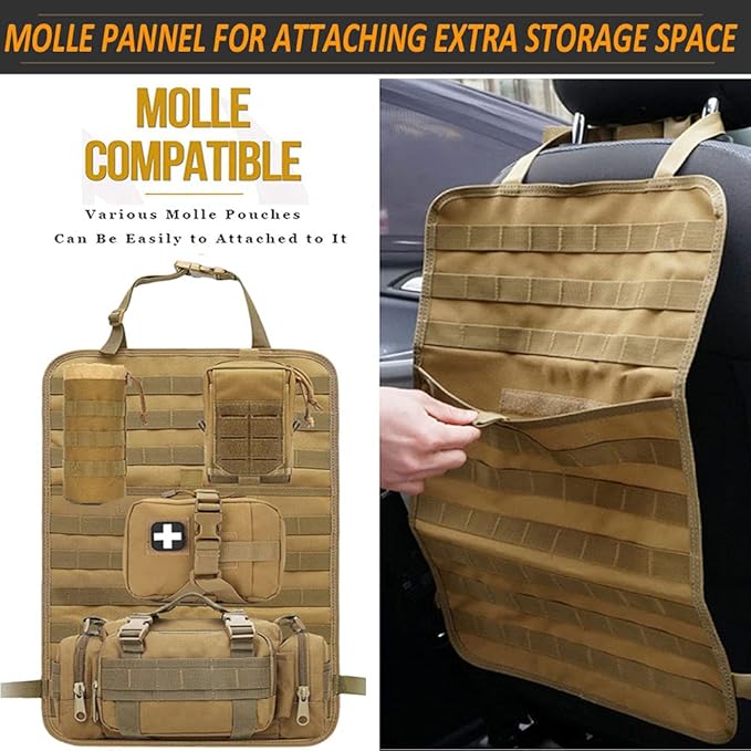 Molle Tactical Seat Back Organizer Panel with Pouches Universal Fit For Vehicle Car Khaki