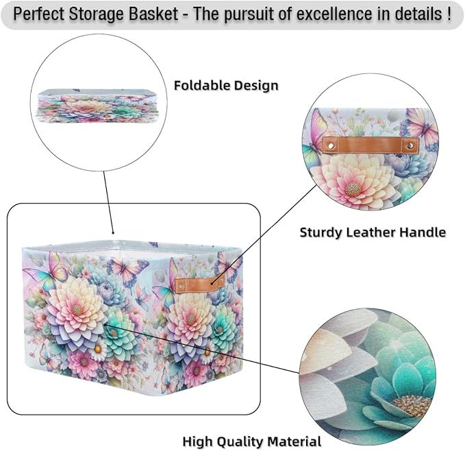 Pardick Basket Storage Bins Rainbow Flower Floral Rectangle Cube Basket Box Kids Girls Boys Toys Organizer Beaket Decor Foldable with Handle for Living Room Bedroom Closet Nursery Office Shelf Gifts