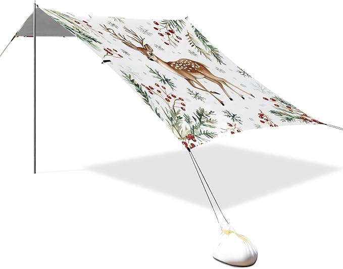 ALAZA Christmas Fawn Pine Needles Beach Tent Sun Shelter UPF50+ Protection Beach Shade Canopy w/ 4 Sandbags for Outdoor Camping Fishing Backyard Fun Picnic 10x9 ft