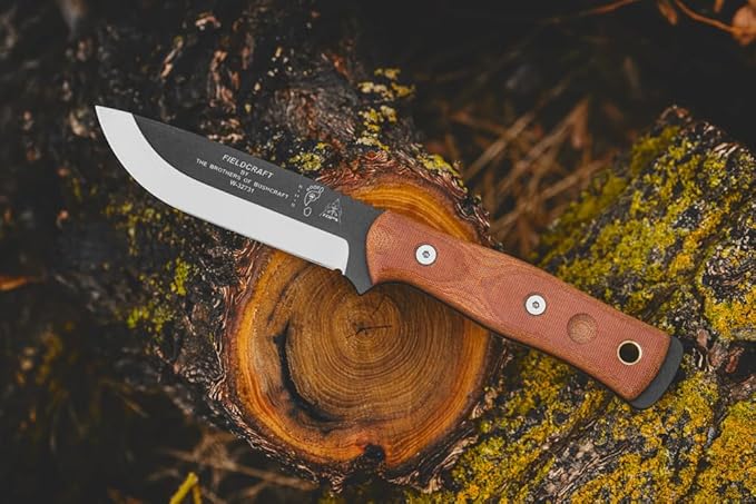 Tops Knives Fieldcraft by Brothers of Bushcraft Full Tang Fixed Blade- Black Traction Coating Finish- Black Kydex Sheath w/Rotating Spring Steel Clip (Tan Canvas Micarta Handle)